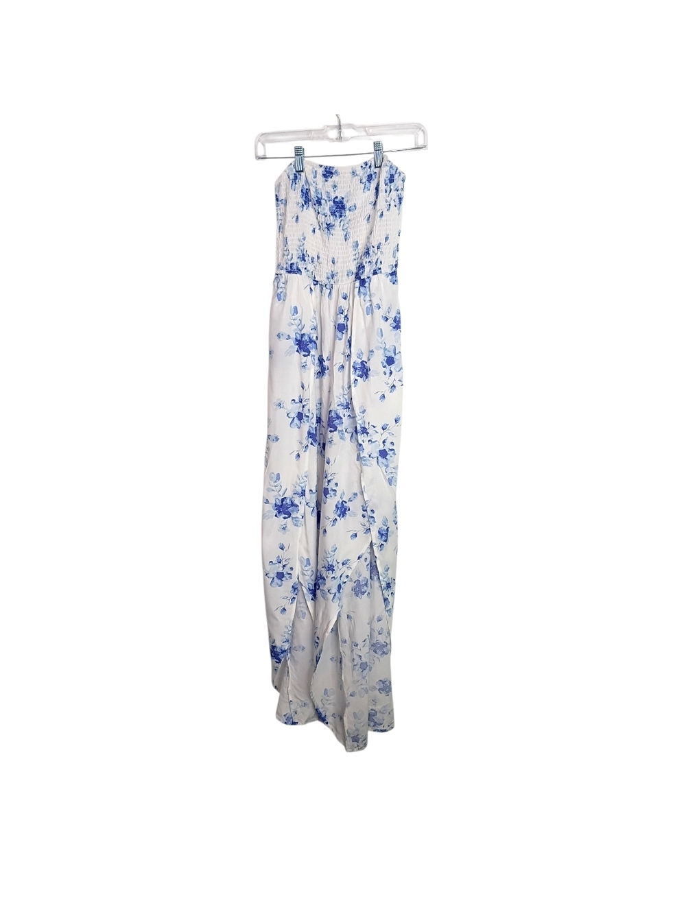Vine & Valley White Strapless Floral Jumpsuit with Blue Print - M